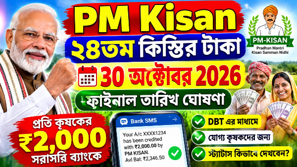 PM Kisan 24th Installment 2026: ৩০ অক্টোবর কৃষকদের অ্যাকাউন্টে আসছে ₹২,০০০! সরকারি সূত্রে প্রকাশের তারিখ